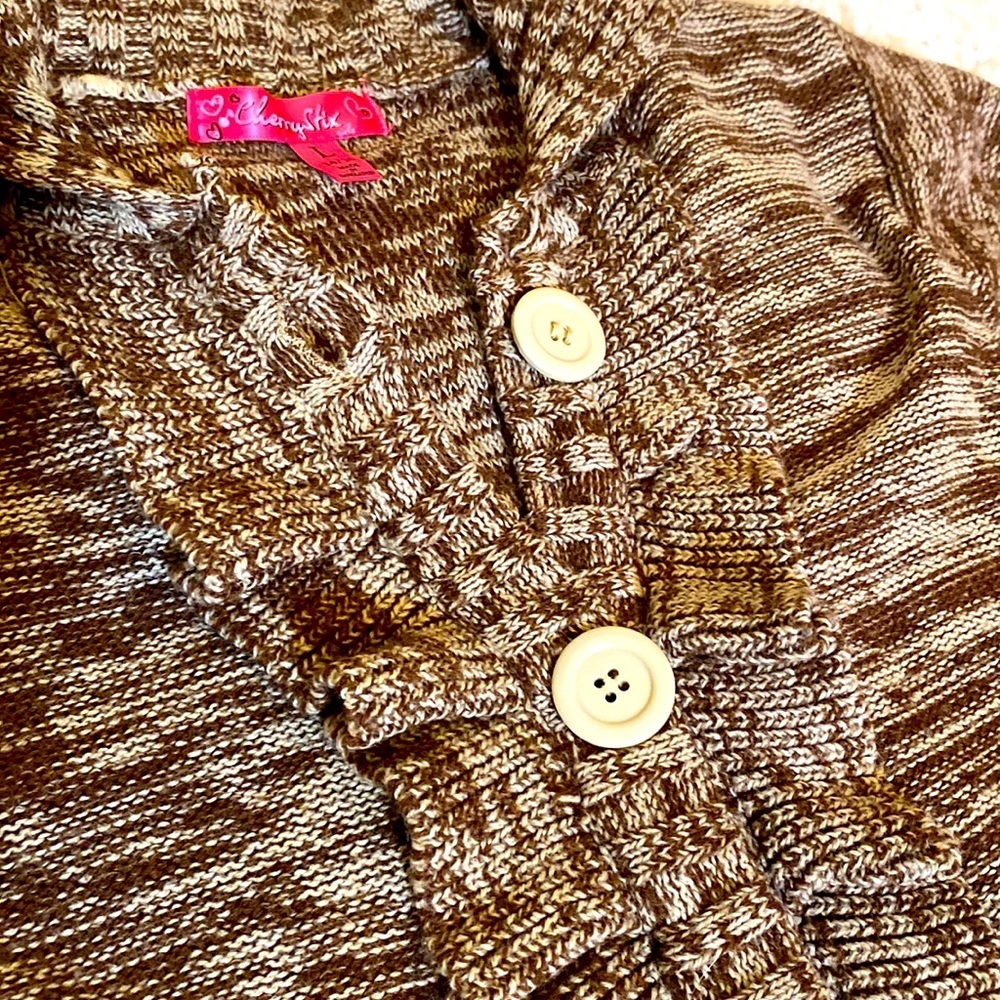 CHERRY STIX BROWN & CREAM CARDIGAN SWEATER RUFFLED FRONT Size Large BUTT… - Picture 6 of 14